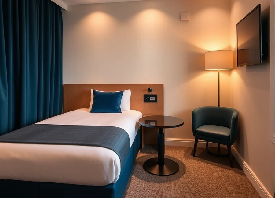 Two single beds and a compact work table in the Arc Twin room
