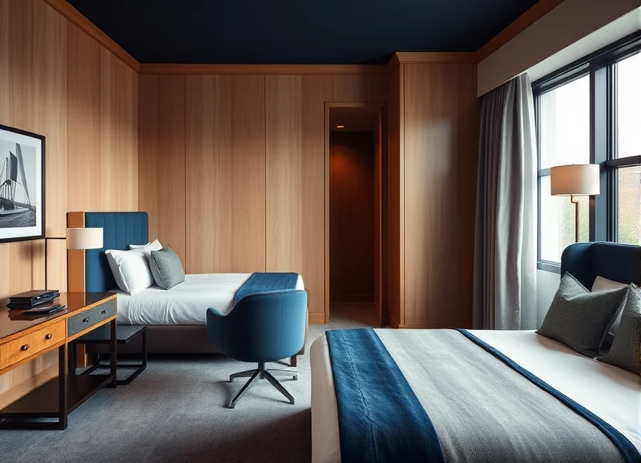 The Cobalt King work table and composed king-room interior
