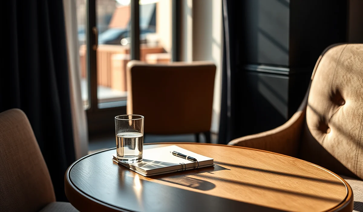 A softly lit lounge table with a glass, notebook and textured upholstery