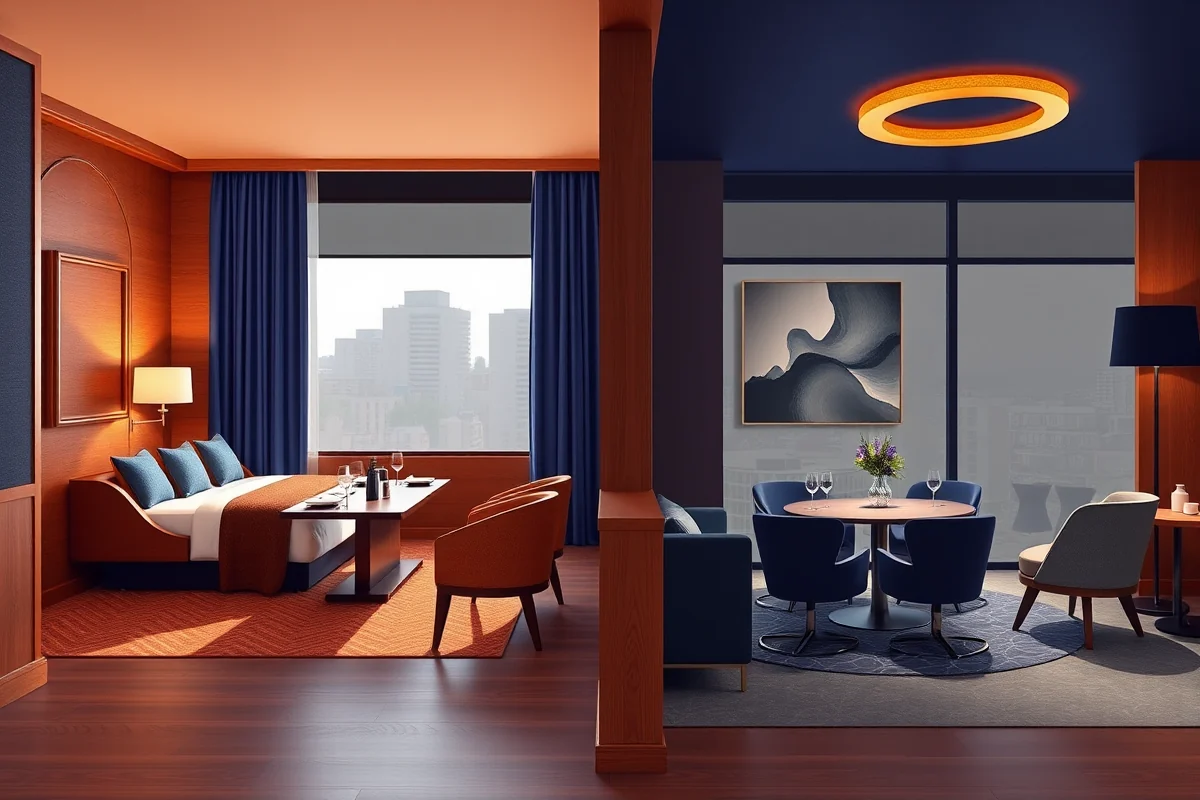 Oakline Suite details beside an Entertainment Zone table and quiet Entertainment Zone spaces seating